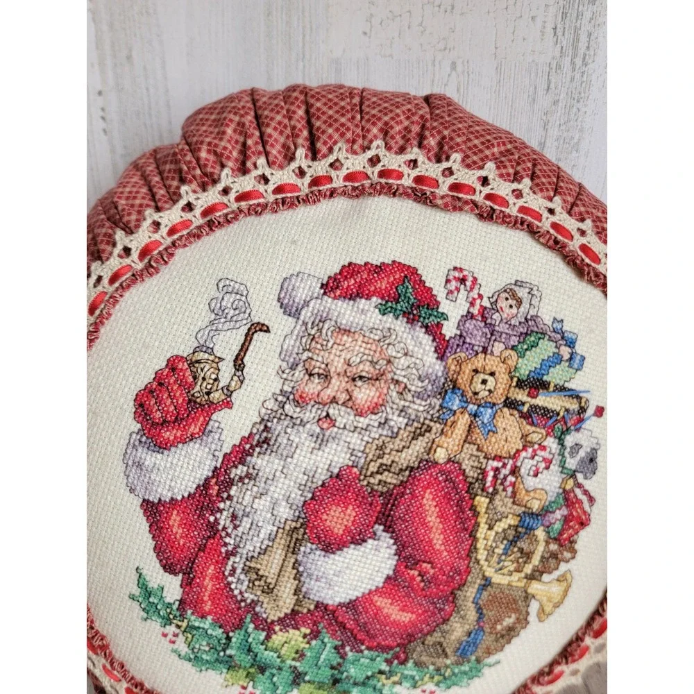 Vintage embroidery circle Santa Claus pillow Xmas red toy bag pattern country